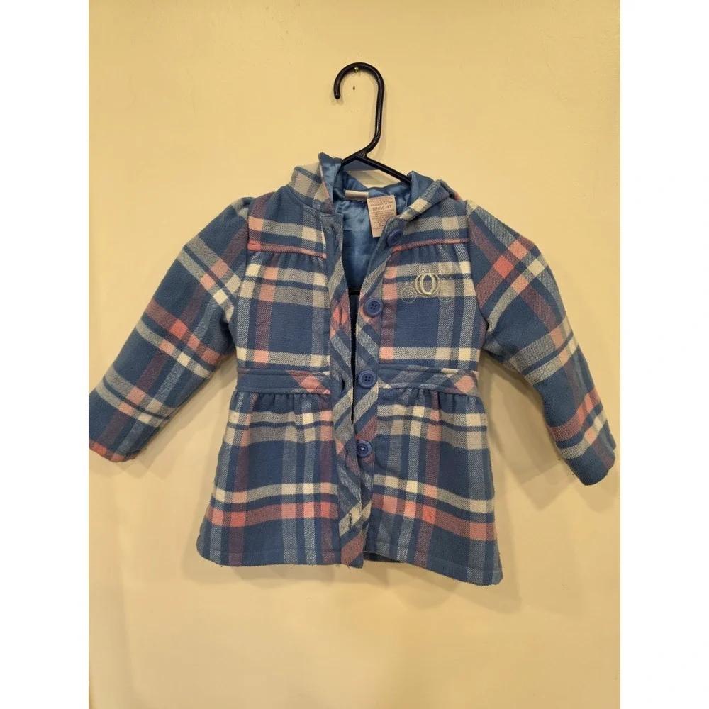Disney Princess Girls 4T Plaid Hooded Coat Blue Pink Cinderella Back To School